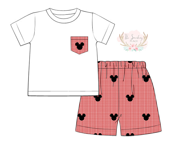 Mouse Embroidered Red Gingham Short Set