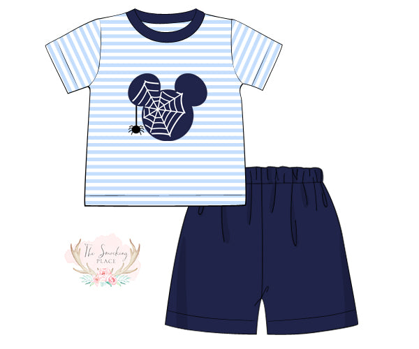 Spider Mouse Applique Blue Stripe Knit Short Set