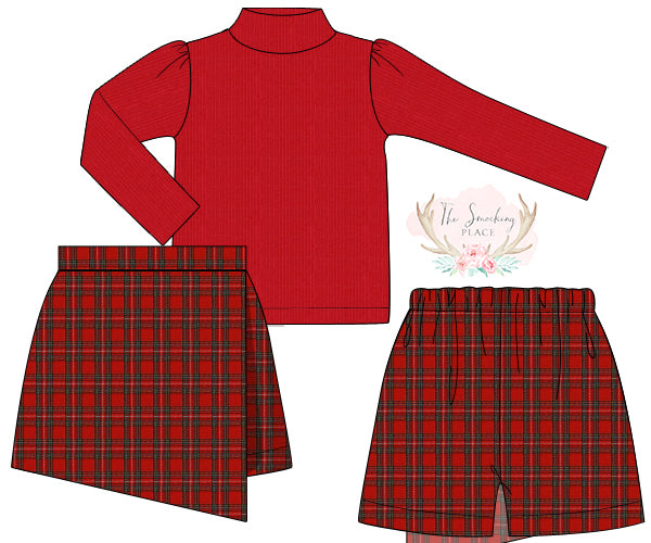 Red Turtleneck Sweater Top Red Tartan Skort Set