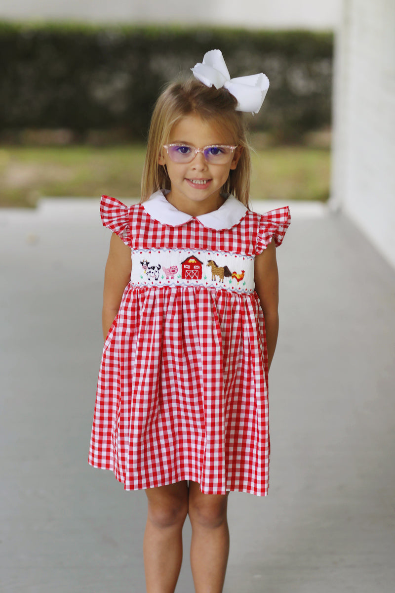 Smocked Gingham Dress- Red