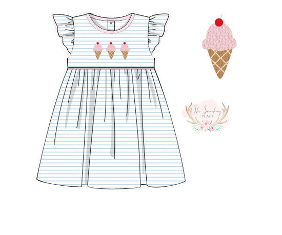 Ice Cream French Knot Blue Stripe Knit Angel Wing Dress