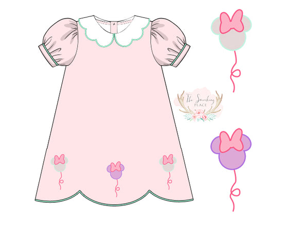 Mouse Balloon Shadow Embroidered Pink Dress