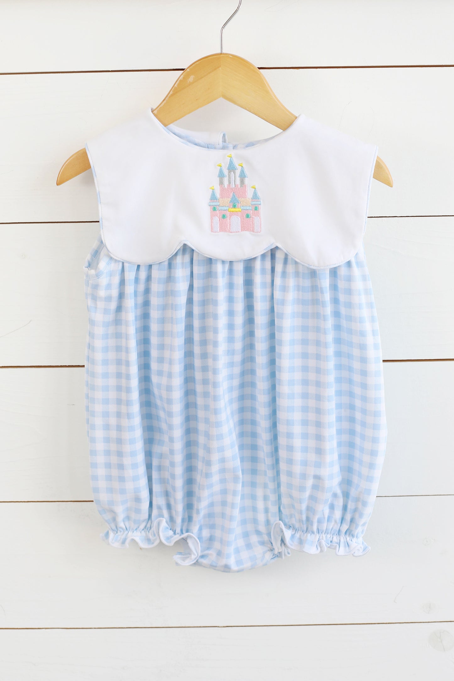 Knit Castle Embroidered Blue Gingham Scalloped Bib Bubble