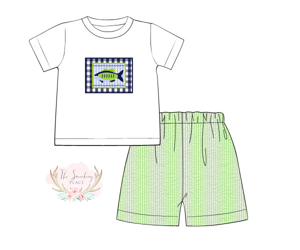 Bass Fish Appliqué Green Seersucker Short Set
