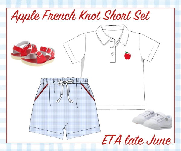 Apple French Knot Blue Gingham Collared Short Set