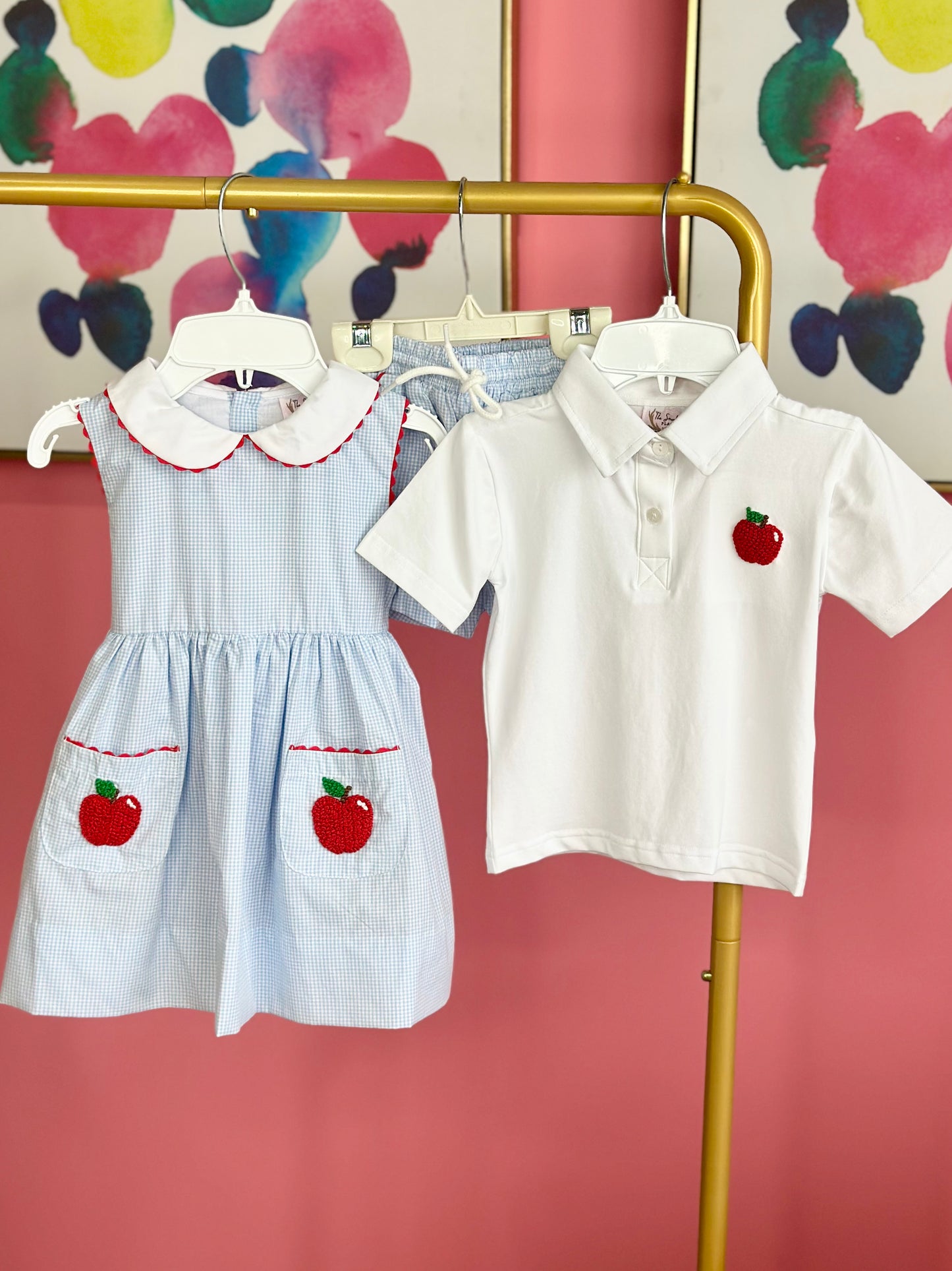 Apple French Knot Blue Gingham Tie Back Dress