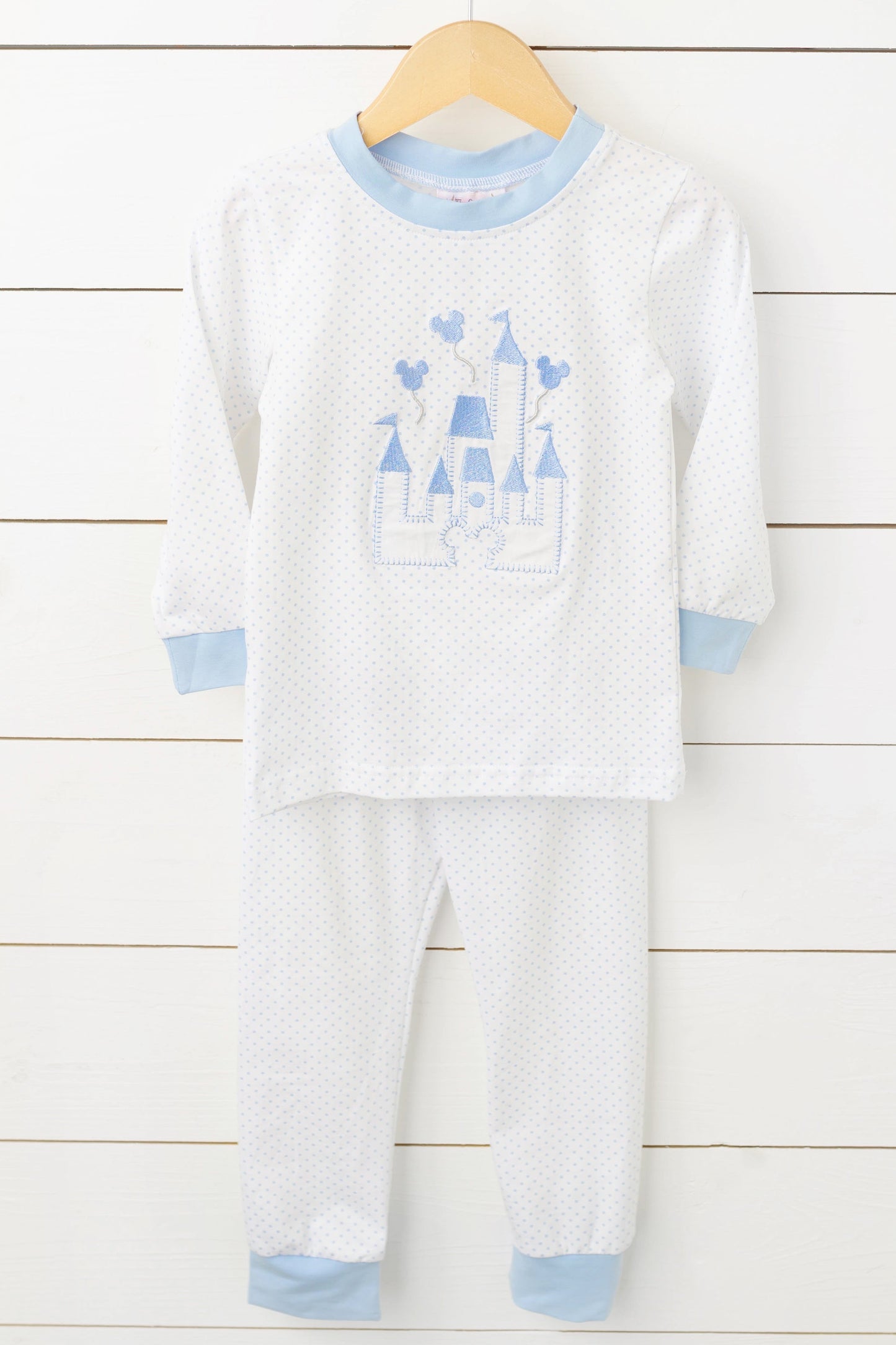 Castle Applique Blue Bitty Dot Blue Trim Knit Pajama Set