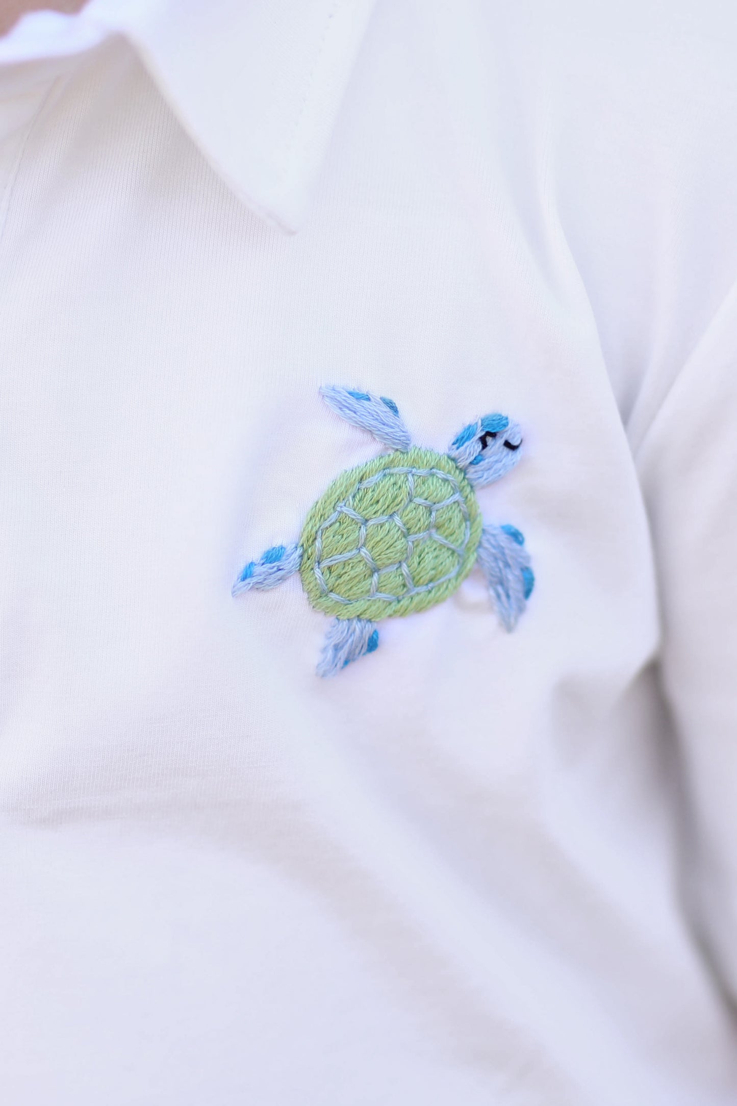 Sea Turtle Embroidered Aqua Seersucker Collared Short Set