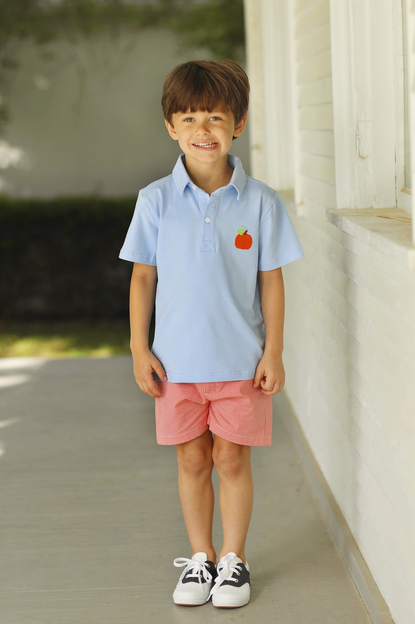 Pumpkin Embroidered Orange Gingham Collared Short Set