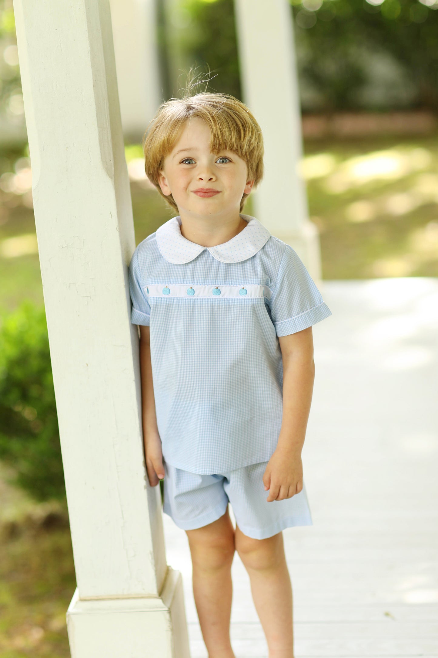 Blue Pumpkin Embroidered Blue Gingham Short Set