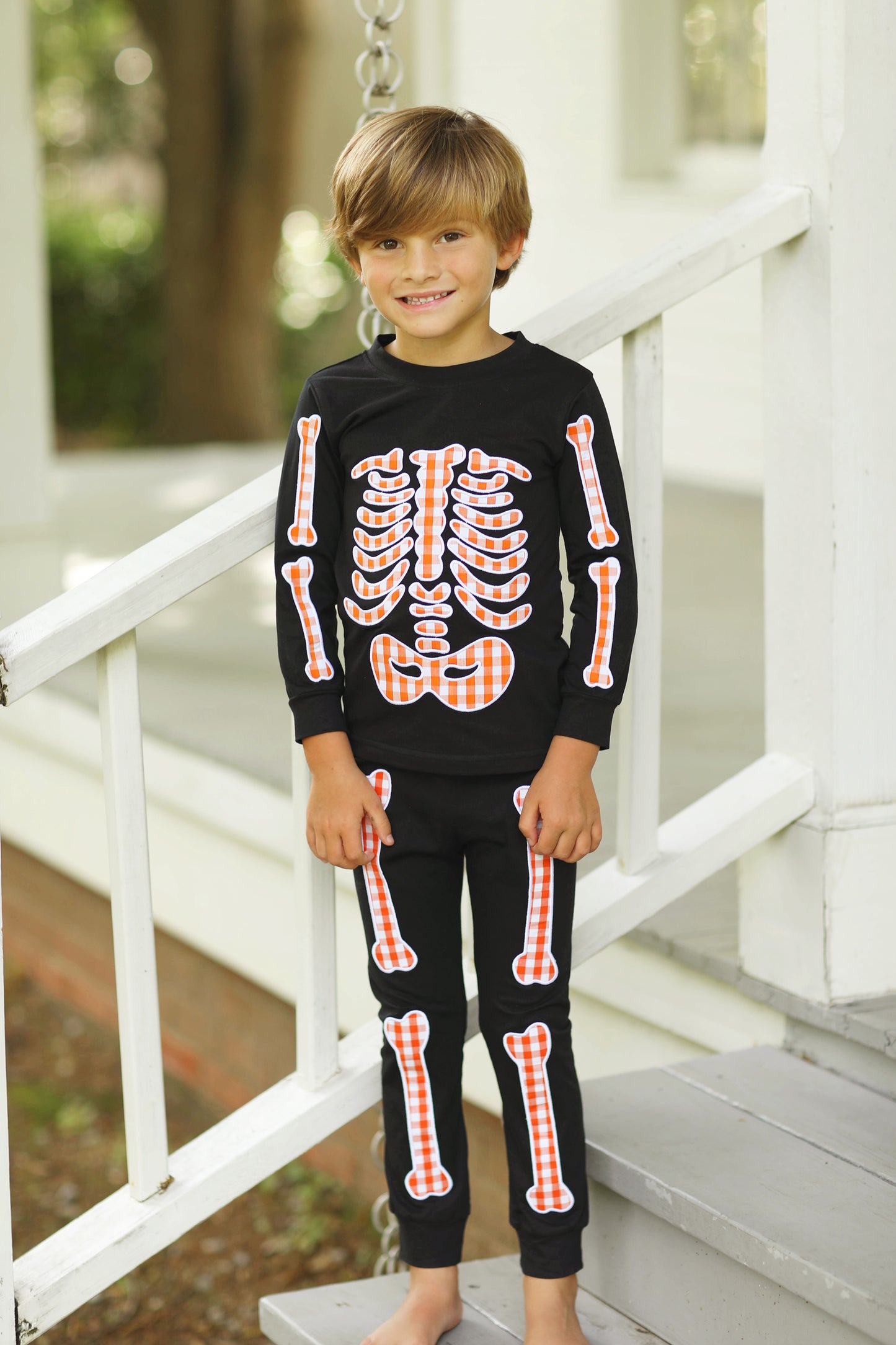 Orange Gingham Black Knit Skeleton Loungewear Set