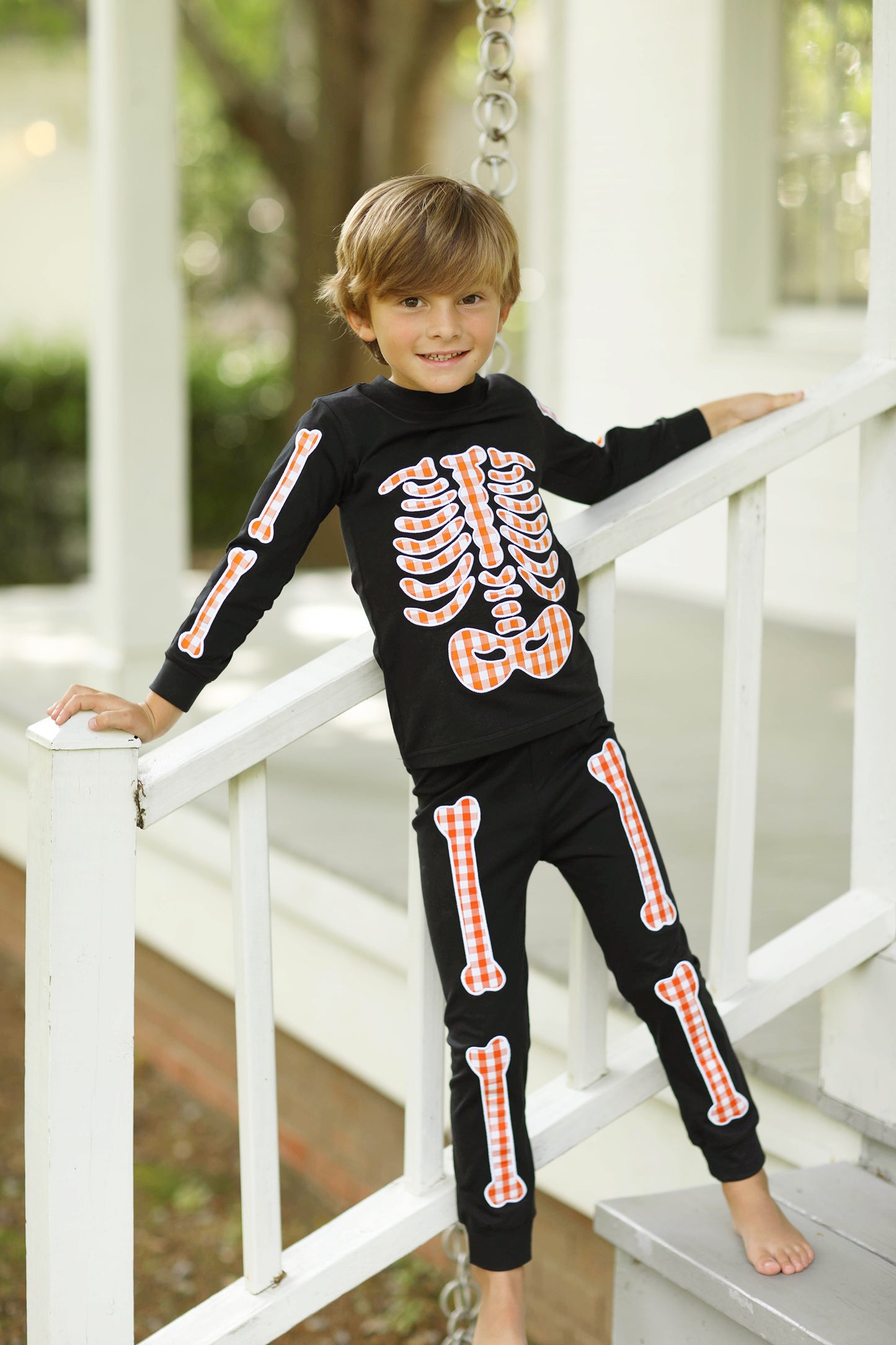 Orange Gingham Black Knit Skeleton Loungewear Set