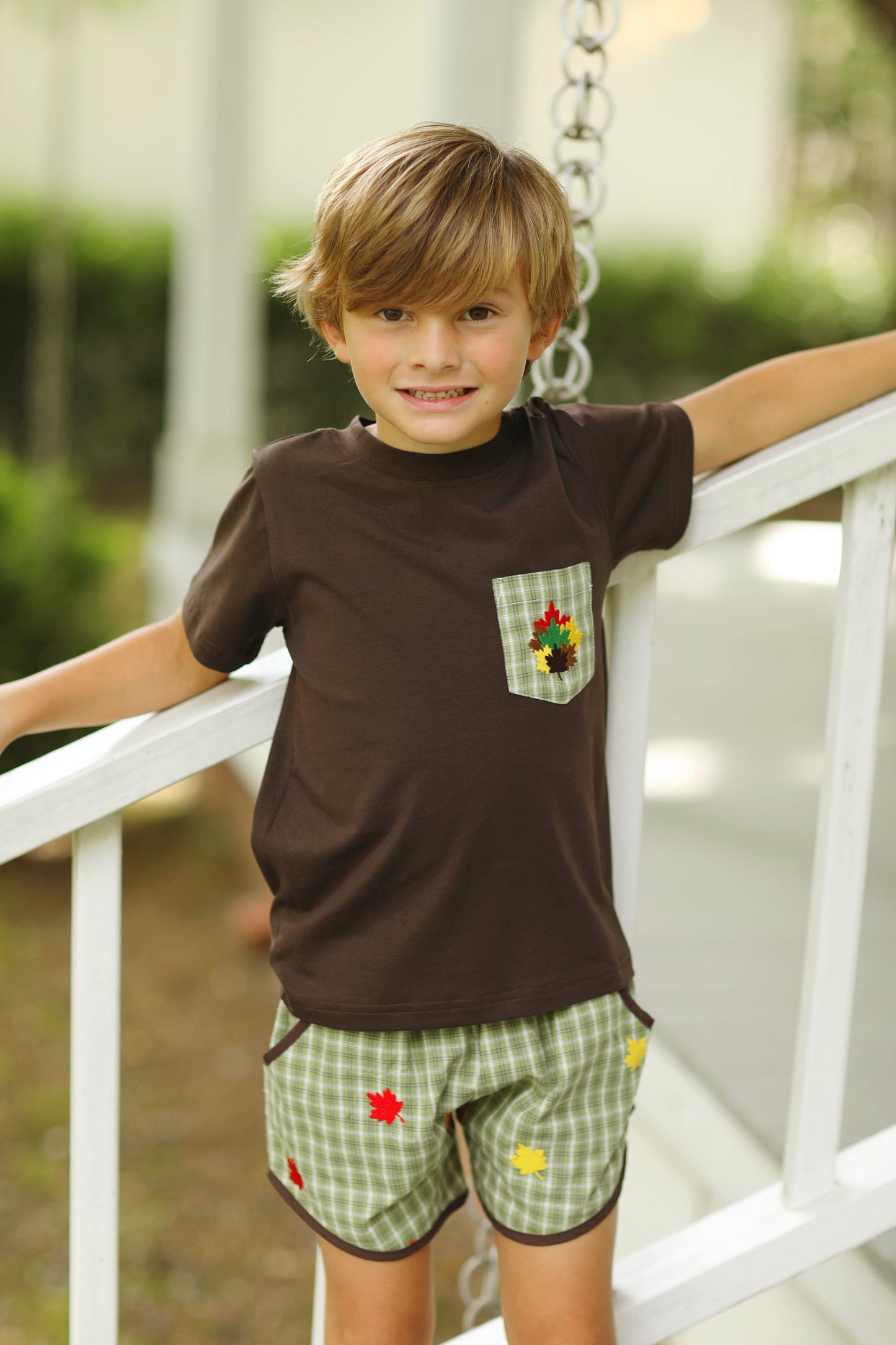 Fall Leaves Embroidered Green Tartan Short Set