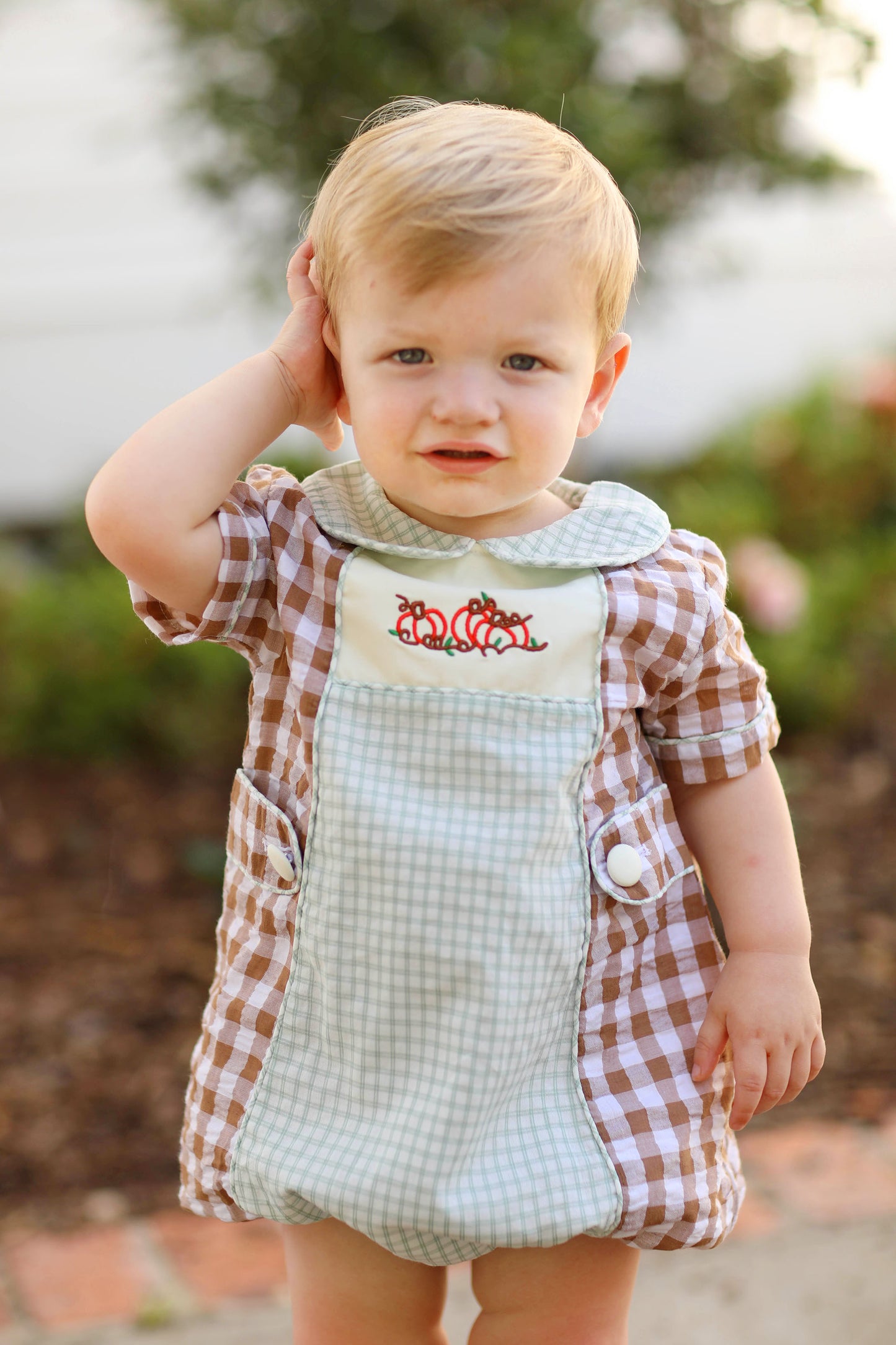 Pumpkin Embroidered Brown & Sage Gingham Patch Bubble