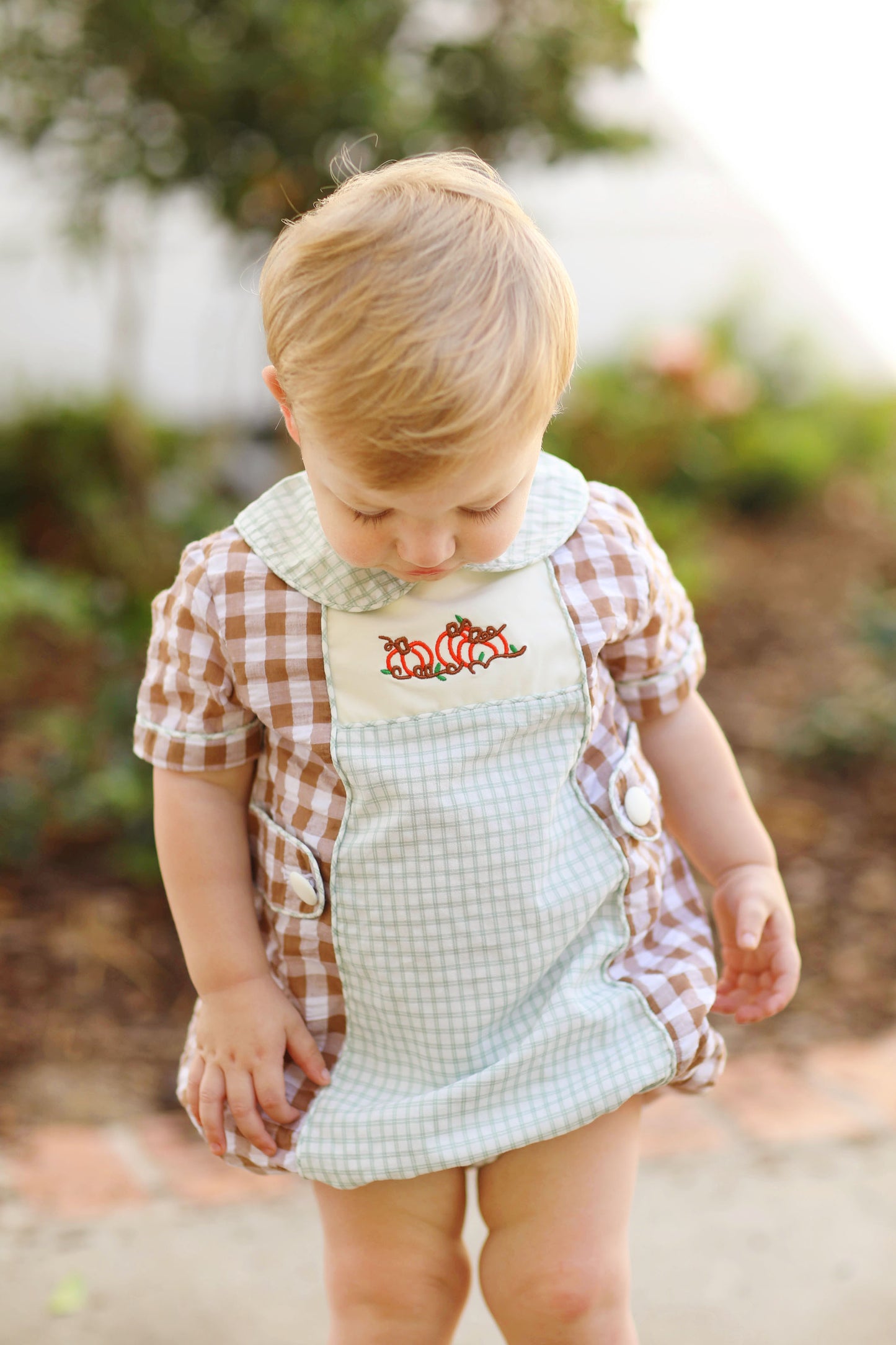 Pumpkin Embroidered Brown & Sage Gingham Patch Bubble