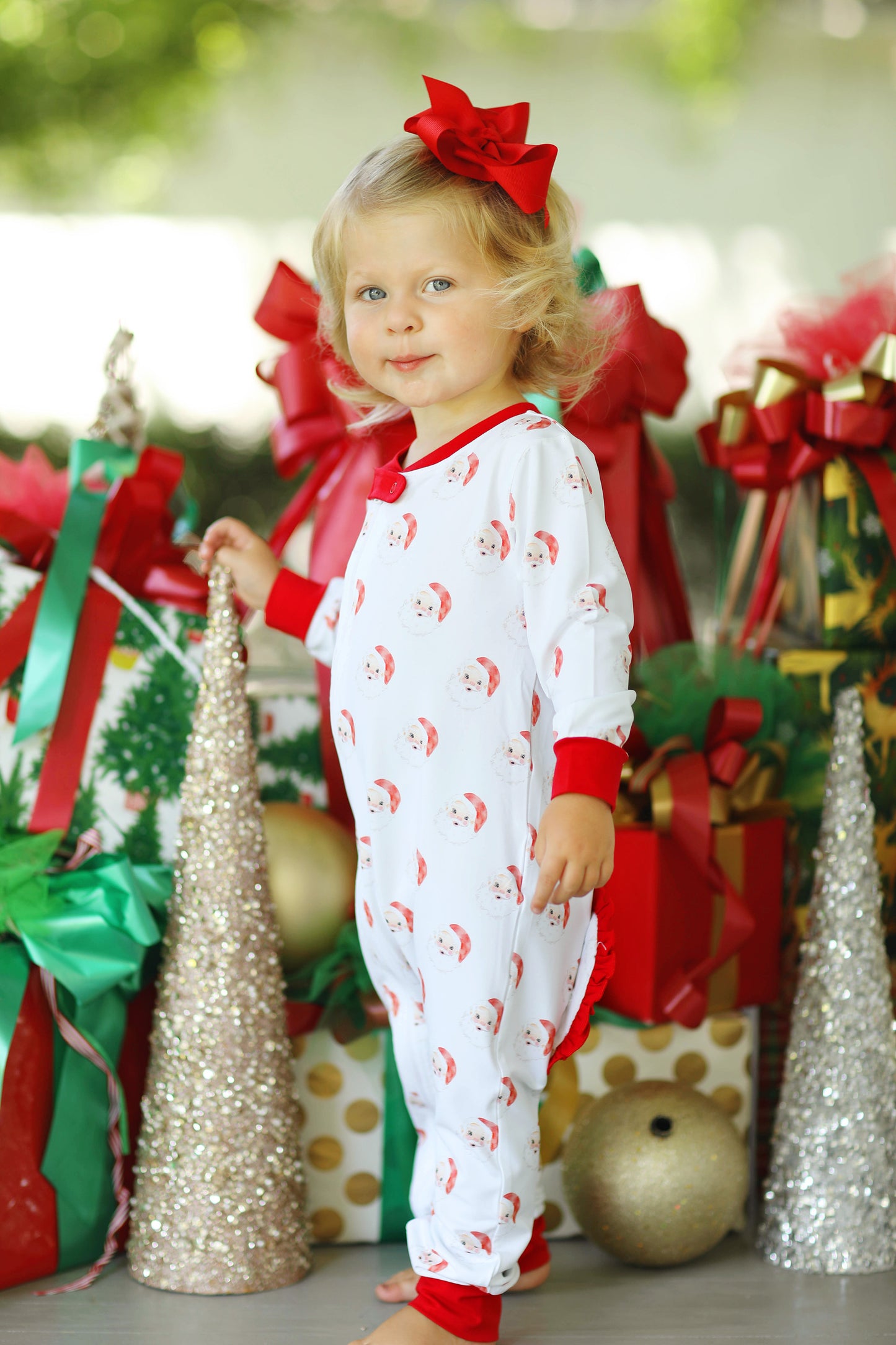 Red Santa Jersey Knit Ruffle Zip Up Onesie