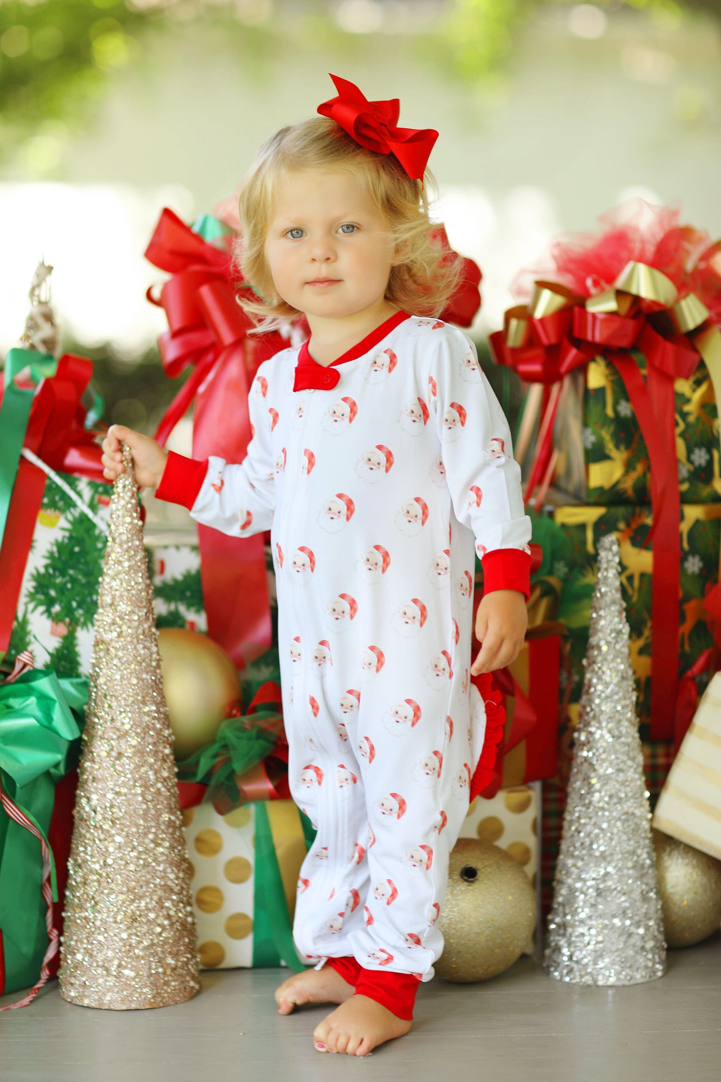 Red Santa Jersey Knit Ruffle Zip Up Onesie