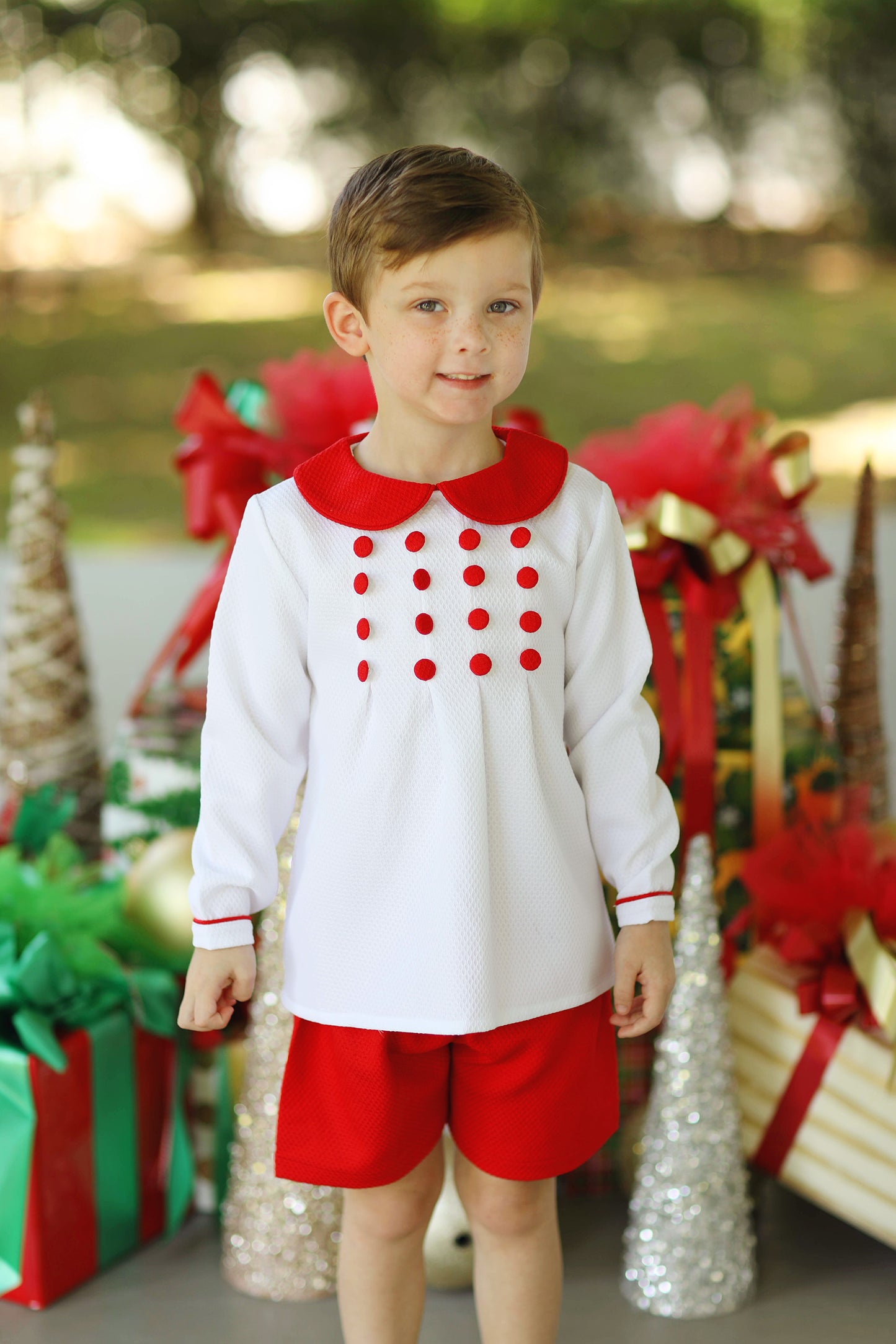 Red & White Honeycomb Button Short Set