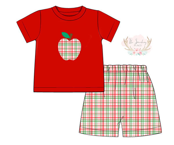 Red Green Plaid Apple Applique Short Set