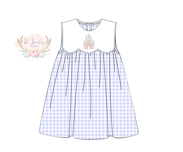 Knit Castle Embroidered Blue Gingham Scalloped Bib Dress