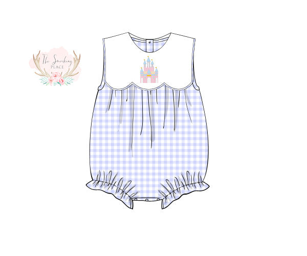 Knit Castle Embroidered Blue Gingham Scalloped Bib Bubble