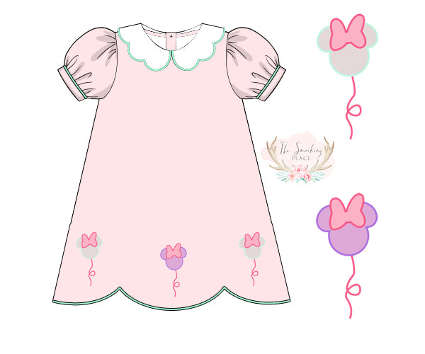 Mouse Balloon Shadow Embroidered Pink Scalloped Dress