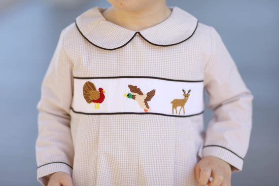 Wild Game Smocked Khaki Gingham Bubble