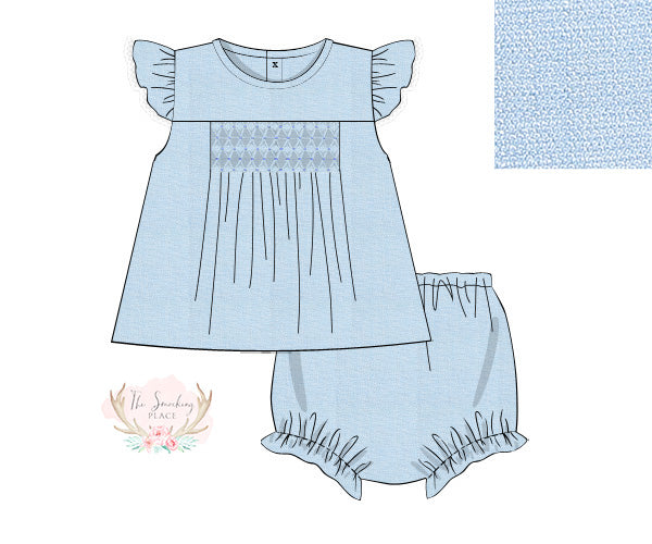 Light Blue Honeycomb Smocked Ruffle Bloomer Set