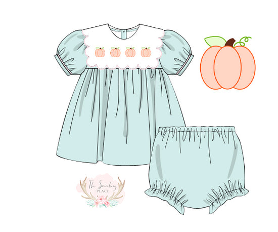 Pumpkin Shadow Embroidered Seafoam Scalloped Bib Bloomer Set