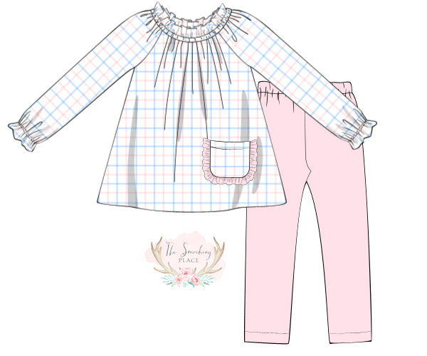 Pink Blue Windowpane Ruffle Pant Set