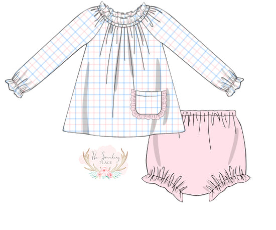 Pink Blue Windowpane Ruffle Bloomer Set