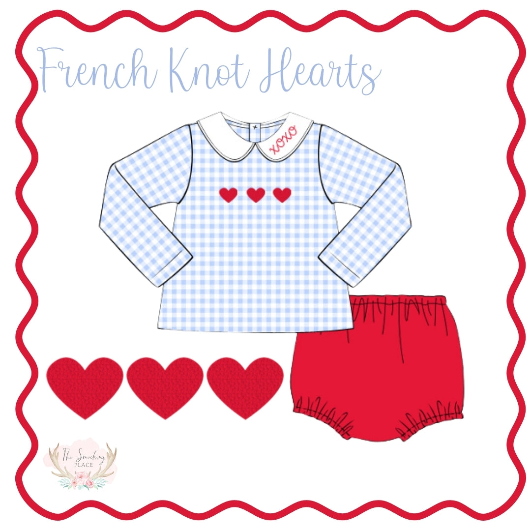 French Knot Hearts Blue Gingham Red Knit Diaper Set