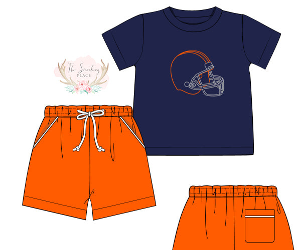 Navy & Orange Football Helmet Screen Print Knit Short Set