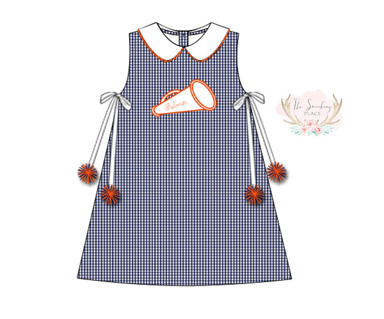 Cheer Megaphone Applique Navy Gingham Dress