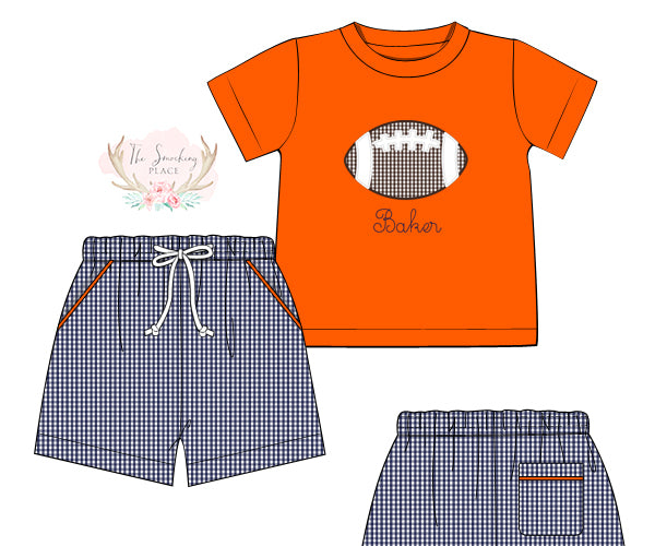 Football Applique Navy Gingham Orange Short Set
