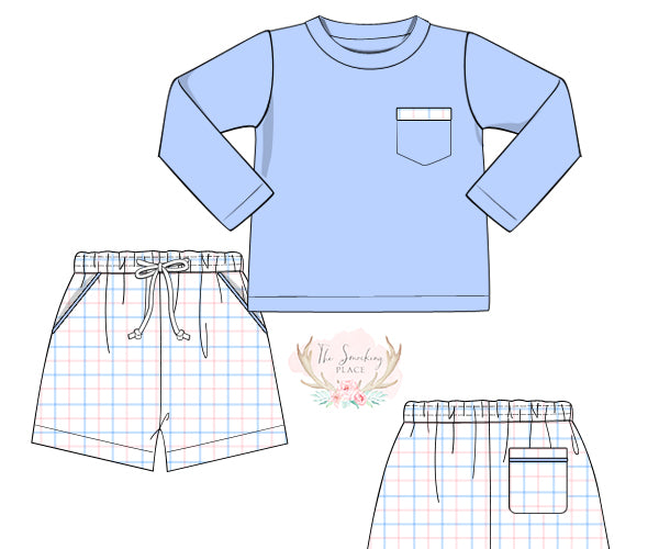 Pink Blue Windowpane Short Set