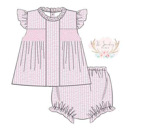 Pink Stripe Seersucker Smocked Ruffle Bloomer Set