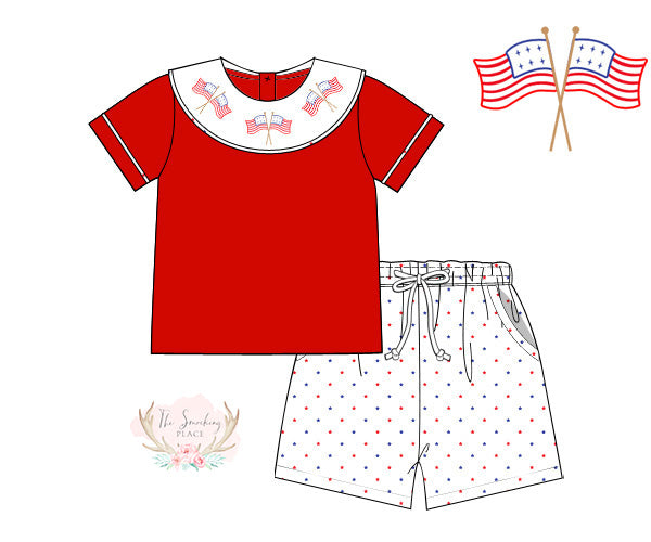 Flag Embroidered Star Print Collared Short Set