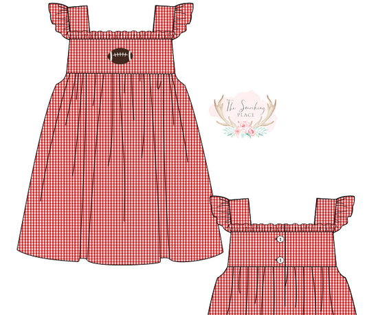 Football French Knot Red Gingham Angel Wing Dress