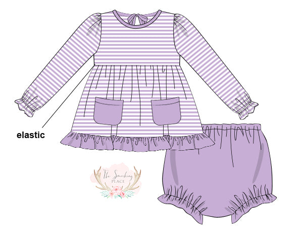 Lavender Stripe Knit Ruffle Bloomer Set