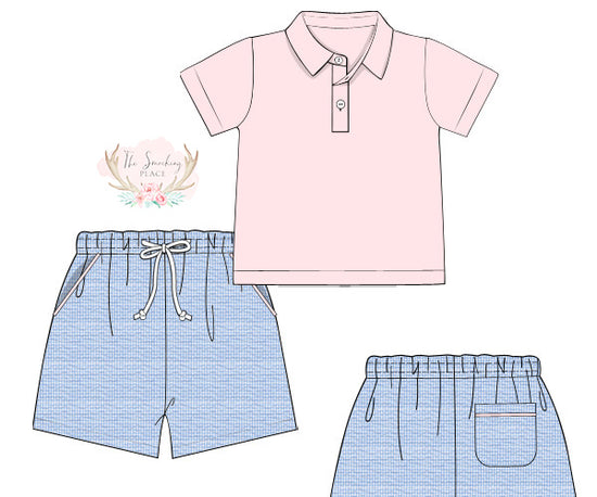 Blue Gingham Seersucker Short Set