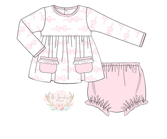 Bow Print Pink Knit Ruffle Bloomer Set