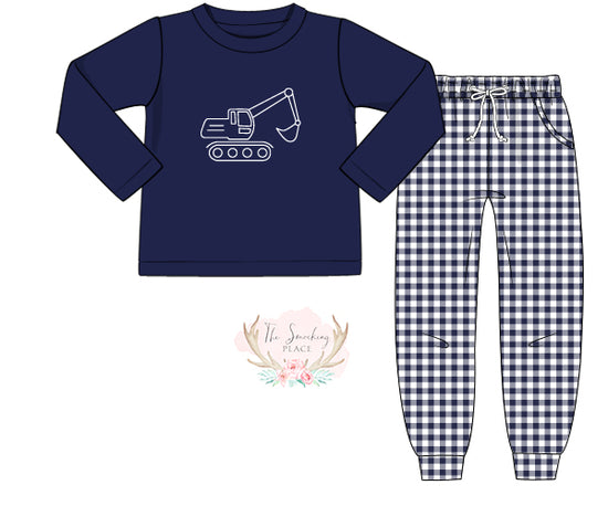 Digger Screen Print Knit Navy Gingham Jogger Set