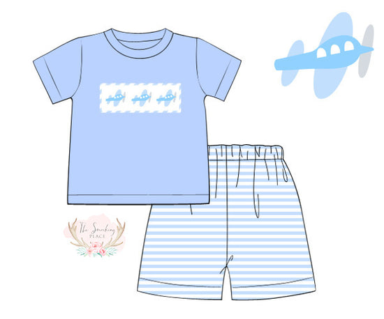 Airplane Smocked Blue Stripe Knit Short Set