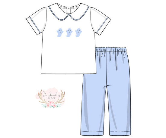 Load image into Gallery viewer, Ghost Embroidered Blue Collared Pant Set
