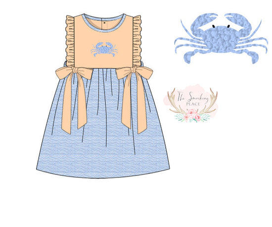 Crab French Knot Blue Seersucker Tie Ruffle Dress