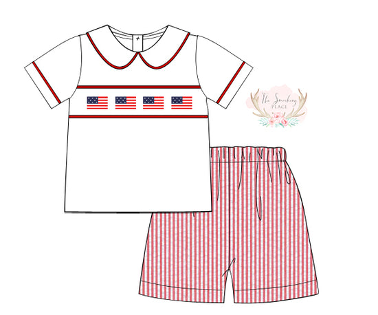 Flag Embroidered Red Seersucker Short Set