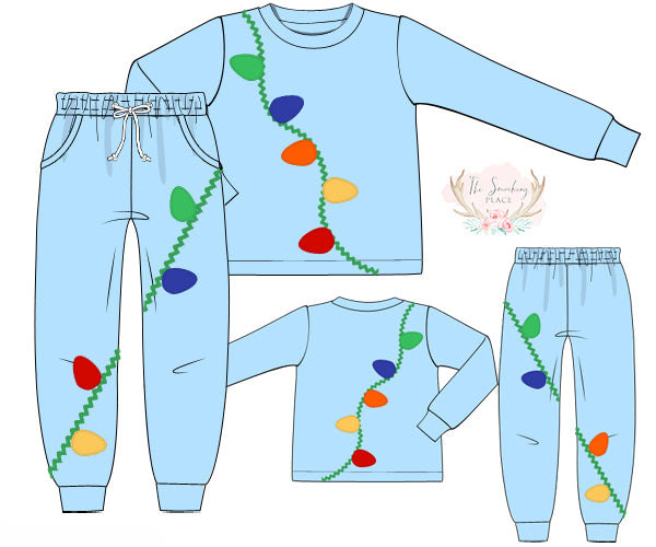 Christmas Lights Applique Light Blue Knit Jogger Set