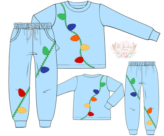 Christmas Lights Applique Light Blue Knit Jogger Set