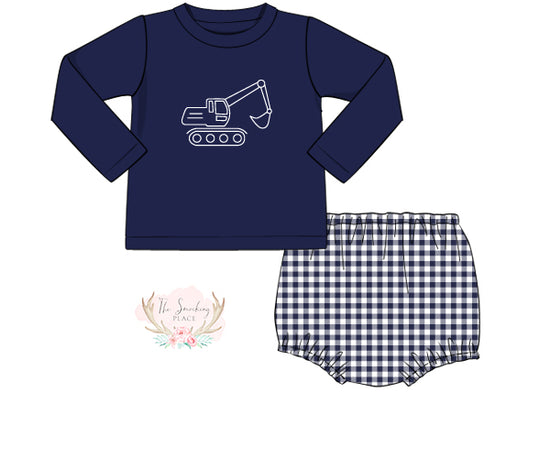 Digger Screen Print Knit Navy Gingham Diaper Set